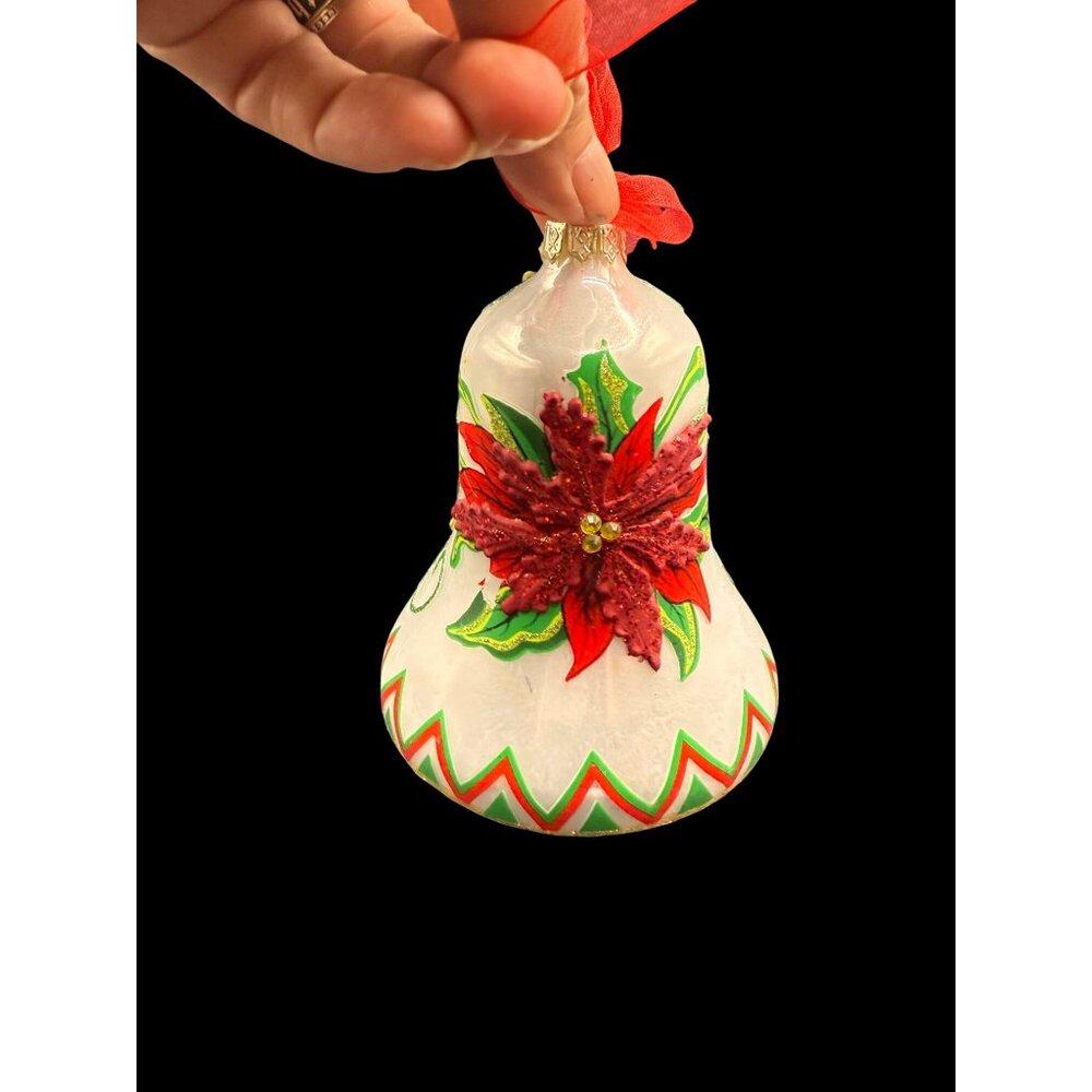 Vtg. Handcrafted Glass 3D Poinsettia Christmas Bell Ornament Red Ribbon - Picture 4 of 8
